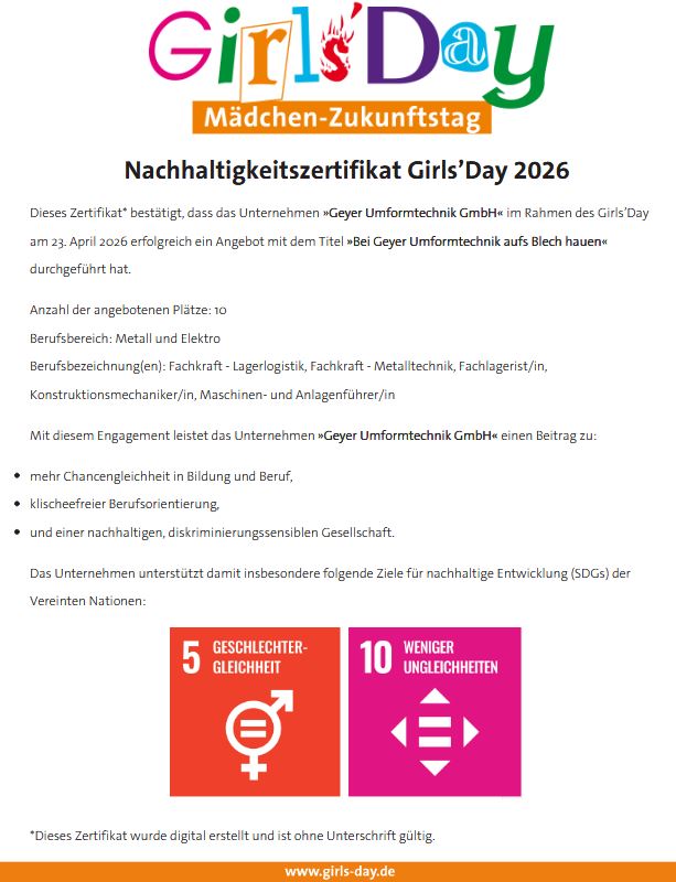 Nachhaltigkeitszertifikat Girls´Day 26